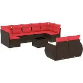 vidaXL 10-delige tuinbankset met kussens, bruin polyrotan