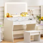 COMHOMA - Kaptafel met LED Verlichting - Met Spiegel en Kruk - Wit