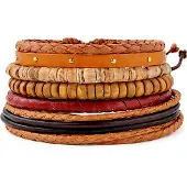 LGT JWLS Leren armbanden set met houten kralen bruin