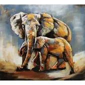 Karo-art Schilderij - Metaalschilderij - Olifant en kalf, handgeschilderd op metaal 100x100cm