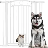 PawHut Türschutzgitter Hund, 76-104 cm Absperrgitter ohne Bohren, Treppengitter aus Stahl, Treppenschutzgitter mit Katzentür, Schutzgitter, Sicherheitsgitter für Treppen, Tür, Flur, Weiß