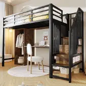 MODFU Hoogslaper 90x200 cm – Zwart metaal/MDF – Met kledingkast, bureau & opbergvakken – Trap met opbergruimte – 240 kg