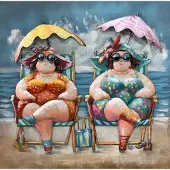 Karo-art Schilderij - Metaalschilderij - Dikke Dames op het strand met parasol ,100x100cm, 3D schilderij