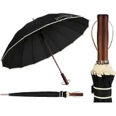 Peterson Paraplu - Groot - Zwart - 128 cm - Houten Handvat