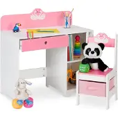 Relaxdays kinderbureau en stoel - lade - met opbergruimte - zwaan - kindertafel - roze-wit