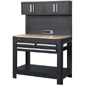 HBM werkbank 114 cm met 3 laden, kastenwand en achterwand, zwart