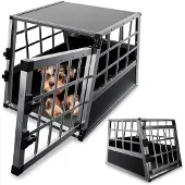 Juskys – Hondentransportbox M – 54 x 69 x 51 cm – Voorzien Van Afsluitbare Deur En Goede Ventilatie – Voor Auto En Reis – Zwart Aluminium En MDF