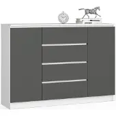 Akord Ladekast K140 met 4 Lades en 2 Deuren / Furniture Factory / Wit - Grafietgrijs / 138 x 99 x 40 cm