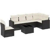 vidaXL 7-delige Loungeset met kussens poly rattan zwart