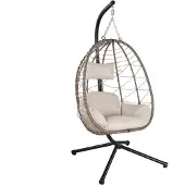Juskys – Aria Hangstoel Met Standaard – 95 x 95 x 196 cm – Voorzien Van Comfortabele Kussens En In Hoogte Verstelbare Ketting – Voor Woonkamer En Terras – Beige Polyrattan En IJzer