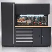 Datona Werkbank - Werktafel met Kasten - Veelzijdige Opbergruimte - Staal & Eikenhout - 220 x 60 x 200 - Zwart