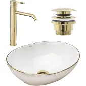 REA Sofia Opzetwastafel White Wit + Wastafelkraan Lungo High Goud + Kurk Goud