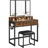 Vasagle Kaptafel met krukje en drievoudige spiegel, Vintagebruin + zwart