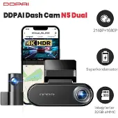 DDPai N5 dubbele 4K-dashcam voor en achter, 2160p+1080p autodashcam, GPS 5G wifi-dashcam, ingebouwde 32 GB eMMC, nachtzicht, ondersteunt 24-uurs parkeermodus, slimme app