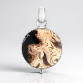 Cavill - Zilveren Hanger Met Versteend Palmhout 7,88 ct - 925 Sterling Zilver Geplatineerd - Ronde Cabochon Bali Barong - Natuurlijke Houten Sieraad