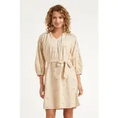 Smashed Lemon Beige jurk met broderie en strikceintuur |