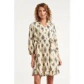 Smashed Lemon Crème jurk met zwarte geometrische print en ceintuur |