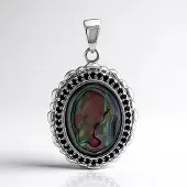 Cavill - Zilveren Hanger - 925 Sterling Zilver - Ovale Abalone Schelp 20x15 mm - Zwarte Spinel Pavé 0,621 ct - Handgemaakt Elegant Natuurlijk Sieraad