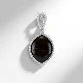 Cavill - Zilveren Hanger 925 Sterling Zilver - Versteend Hout 3,469 ct Marquise Cabochon - Vintage Parelversiering - Elegant Fossielhout Sieraad