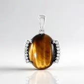 Cavill - Zilveren Hanger 925 Sterling Zilver Geplatineerd - Tijgeroog 8 25 ct Ovaal Cabochon - 14 Pavé Zirkonen 0 19 ct Elegant