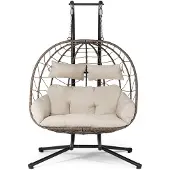 Juskys Aria dubbele hangstoel - Polyrotan hangstoel met frame en kussen - Beige