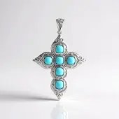 Cavill - Zilveren Hanger - 925 Sterling Zilver Geplatineerd - 6x Sleeping Beauty Turkoois 2.16 ct - Elegante Antiek Kruis 44x29 mm