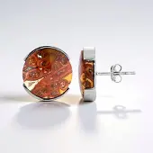 Cavill - Zilveren Oorbellen met Versteend Palmhout - 925 Sterling Zilver Geplatineerd - 12 5 ct Ronde Cabochon 11 mm - Elegante Natuurlijke Steen