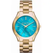 Michael Kors MK3492 Slim Runway 42mm Gouden Roestvrij Stalen Dameshorloge Blauw Wijzerplaat