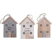 UNUS Houten wandhanger huisjes met jute koord set van 3