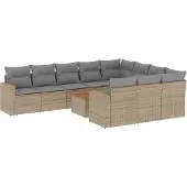 vidaXL 11-delige tuinmeubelset met sofa en kussens, beige, van polyrotan