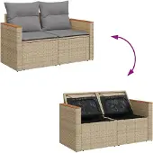 DKD Home Decor Tuinbank met kussens, 2-zits, beige, van polyrotan