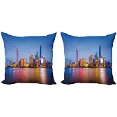 Abakuhaus Stads Kussenhoes – 2x50x50 cm – Shanghai Skyline – Dubbelzijdig