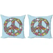 Abakuhaus Hippie Kussenhoezen – Set van 2 – Dubbelzijdig bedrukt – Floral Peace Babyblauw