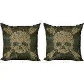 Abakuhaus Skelet Dekokussen – 2x Kussenhoezen 40x40 cm – Dubbelzijdig bedrukt – Donker Groen Khaki