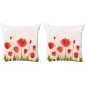 Abakuhaus Bloemenkussensloopset (2 stuks), Romantische Tulpenbloesems, 40 cm, Vermiljoen Groen Perzik