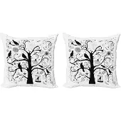 Abakuhaus Zwart-witte kussenhoezenset (2 stuks), boom-bloem-vogels, 40 cm, zwart-wit