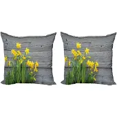Abakuhaus Set van 2 gele bloemenkussenslopen, narcissenboeket, 45 cm, geelgrijs