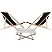 Woodok 2x Houten Loungestoel Zwart + Bijzettafel - Opvouwbaar & Verstelbaar