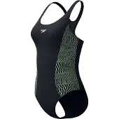 Speedo Placement Medalist 1 Piece Dames Sportbadpak - Badpak Dames met Stretch - Vormvast Zwempak Dames - Sportbadpak Dames met Medalist-rug - Zwart/Groen - 40