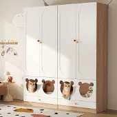 OKWISH Kinderkledingkast – Met Kledingroede En Huisdierhoek – Kinderkamer – MDF Naturel/Wit – 80x50x200 cm
