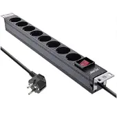 InLine 19" contactdoos, 8-voudig aardingscontact, met schakelaar, 2m, zwart