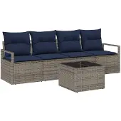 vidaXL Bankset, 5-delig, grijs en blauw, polyrotan, geschikt voor 4 personen