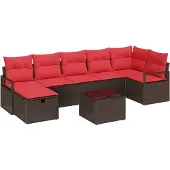 vidaXL Bankstel met kussen met opslag Bruin en Rood poly rattan