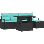 vidaXL Tuinbank Set 6 st Zwart en Blauw poly rattan