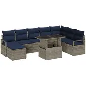 vidaXL Tuinbank Set 9 st Grijs en Marineblauw poly rattan