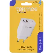 TEKMEE USB oplader Fast Charge 20W met 2 poorten USB en USB-C.