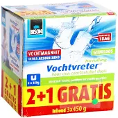 Bison Vochtvreter magneet 450g 2+1 gratis - Parfumvrije navulling voor Vochtvreter apparaat, 3x 450 g, bestrijd hoge luchtvochtigheid in woonruimtes, ook geschikt voor caravans en campers