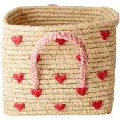 Rice raffiamand met handvat 30x30 cm Red hearts