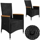 Casaria Polyrattan tuinstoel set van 2 zwart verstelbare rugleuning armleuning acaciahout weerbestendig