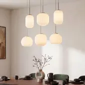 LumenXL Moderne beige hanglamp Odalyn met 6 kappen van geribbeld melkwit glas